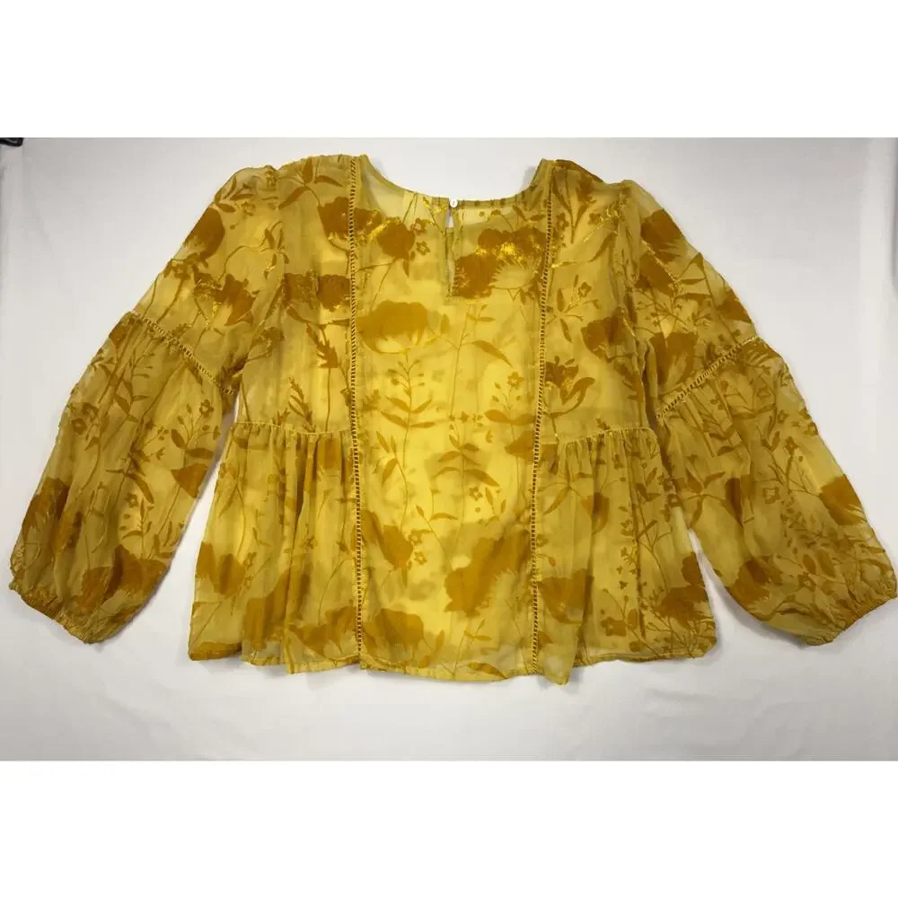 Anthropology Meadow Rue Sheer Velvet Boho Blouse Sz 8 Gold Floral Peasant - Picture 9 of 12